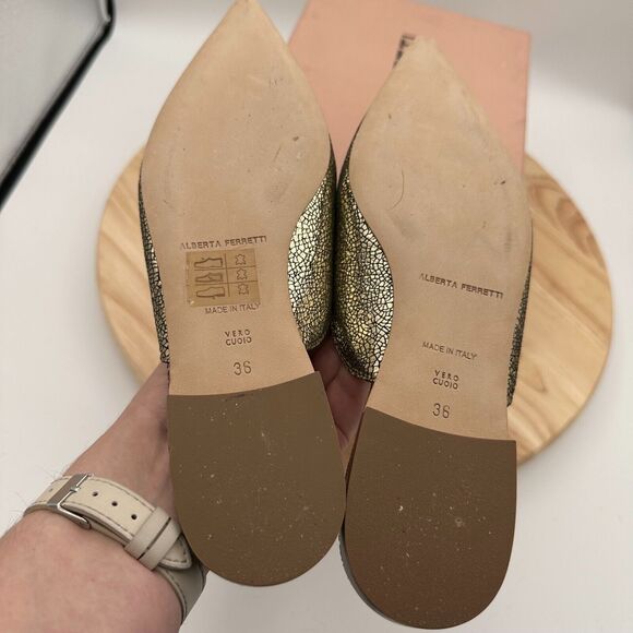 Alberta Ferretti Flat Shoes Womens 36 Gold Leather Mia Mule Slip On Banana - Picture 8 of 10